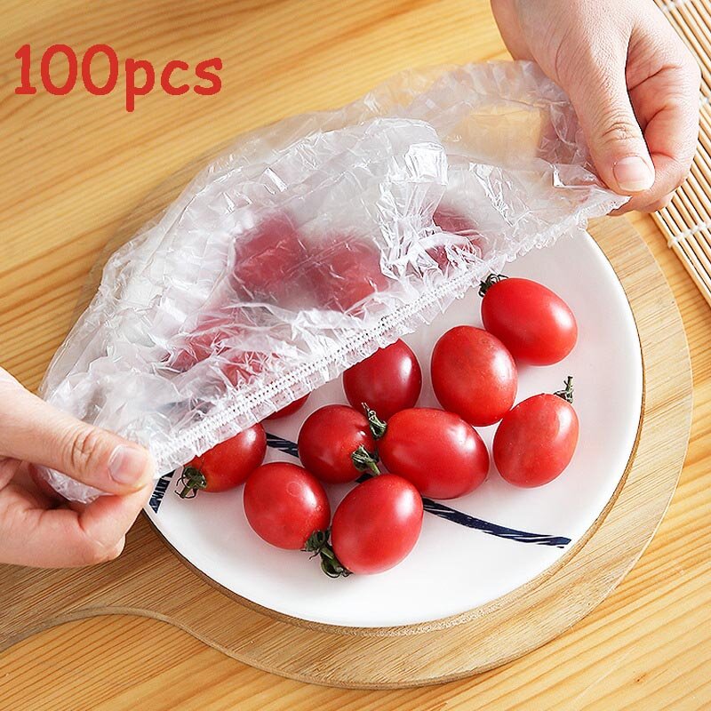 100pcs Disposable Food Cover Plastic Wrap Elastic Food Lids Fruit Bowls Cups Caps Food Fresh SealKitchen Fresh Keeping Saver Bag