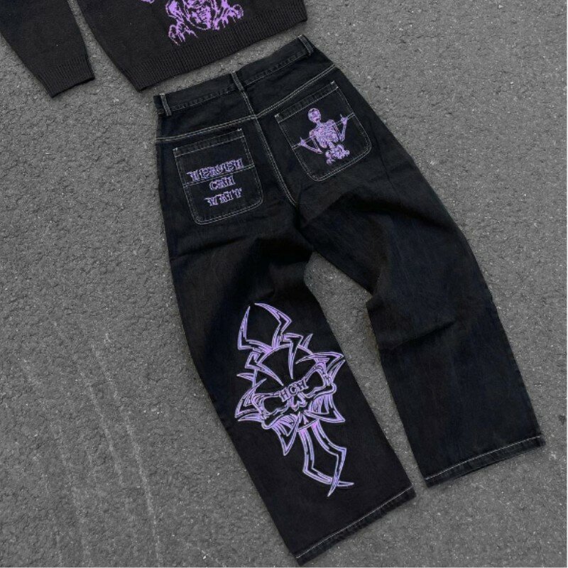 Y2K high street wide-leg women's jeans casual hip-hop pants men's trousers retro skull embroidery washed loose casual trousers