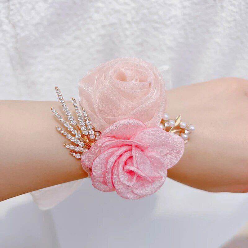 Цветы на запястье для подружек невесты, бутоньерка, атласный браслет с розой, тканевые цветы для рук, аксессуары для свадебной вечеринки