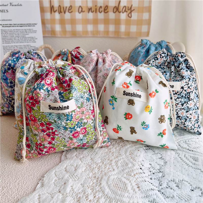 프린트 꽃 엄마 가방 아기 기저귀 가방, 코튼 기저귀 스트링 포켓 유모차 운반 팩, 여행 야외 기저귀 보관 가방