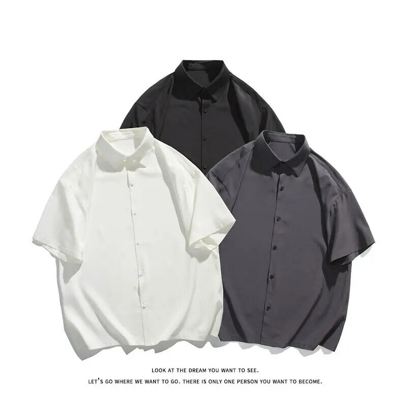 Moda coreana camisa de manga curta para homens, camisa casual com botão, roupas oversize lisas