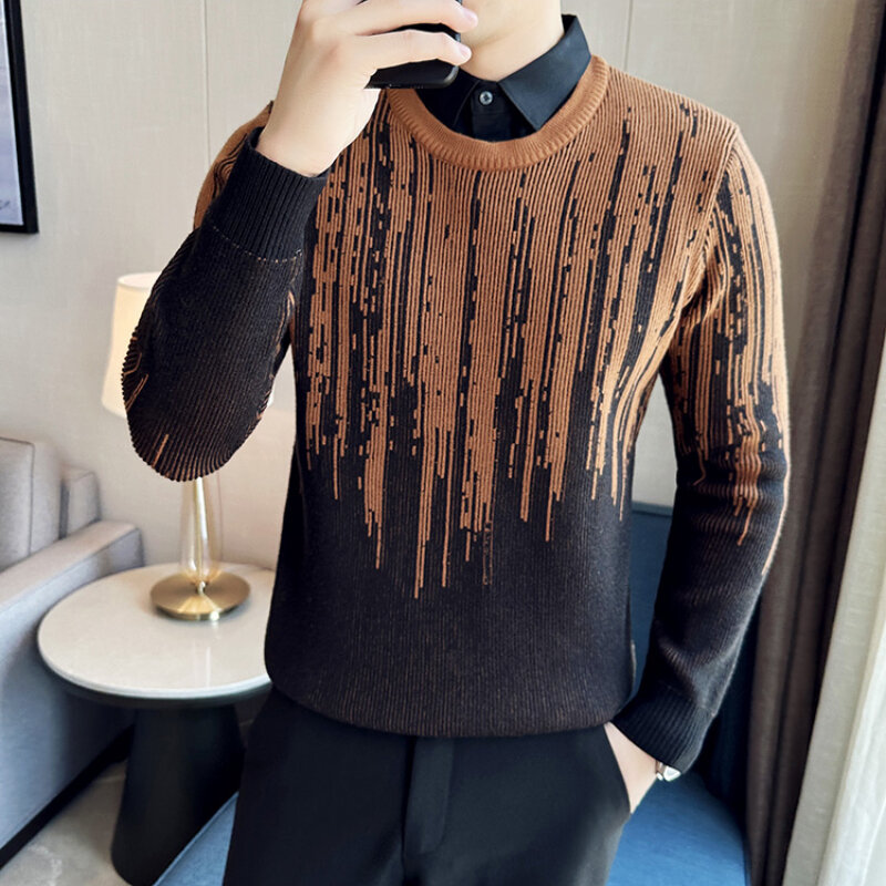 Новый Зимний утепленный свитер для мужчин, мужская жаккардовая Термоодежда с имитацией двух слоев, вязаный облегающий пуловер для мужчин, мужской пуловер 2023