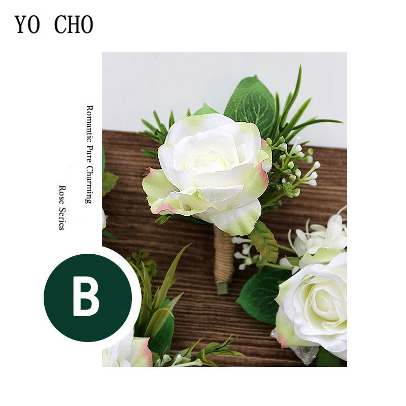 YO CHO White Silk Roses Corsages Boutonnieres Wedding Decoration Marriage Rose Wrist Corsage Pin Boutonniere Flowers for Guests