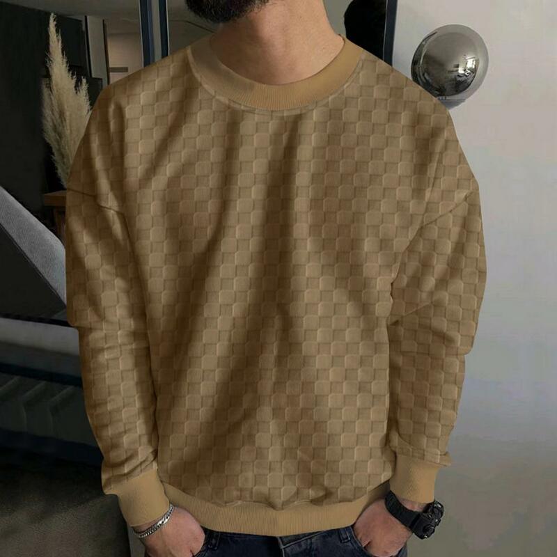 Luźny krój górny sweter w kratkę z długim rękawem dla mężczyzn luźny krój dopasowany T-shirt z elastyczny mankiet miękką tkaniną wiosenny Top