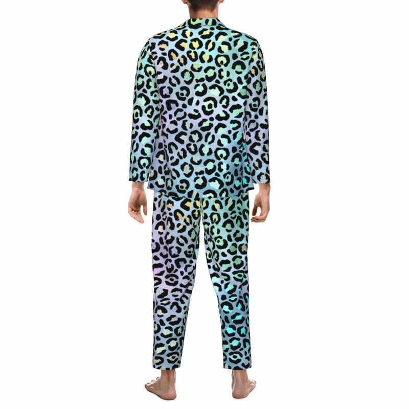 Conjuntos de pijama com estampa arco-íris leopardo masculino, Animal Print, fofo, macio, roupa de dormir doméstica, casual, solto, grandes dimensões, gráfico, primavera, 2 peças