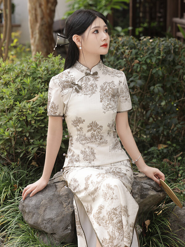 Cheongsam floral feminino, elegante vestido longo, Qipao fino vintage, estilo chinês melhorado, estilo diário, 2024