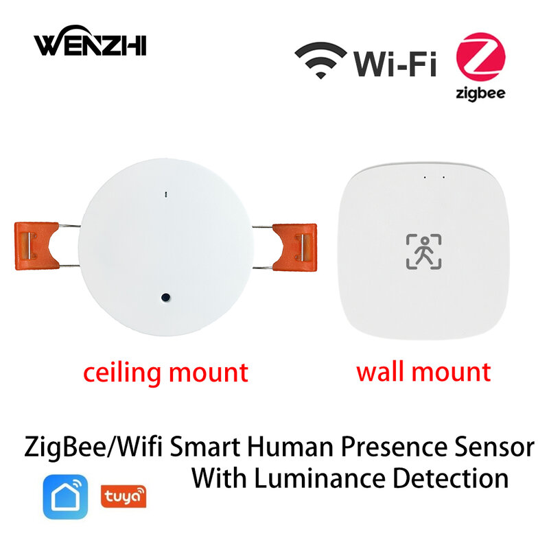 ZigBee Wifi MmWave Human Presence เซ็นเซอร์ตรวจจับการเคลื่อนไหวพร้อม Luminance/การตรวจจับระยะทาง5/110/220V Tuya Smart Life home Automation