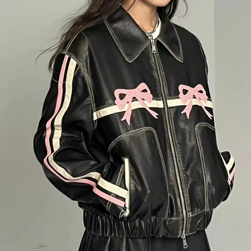 Harajuku Jackets for Women, Vintage Streetwear, Oversized Outwear, Korean Y2k Clothes, Fashion Bow, Casual PU Coat