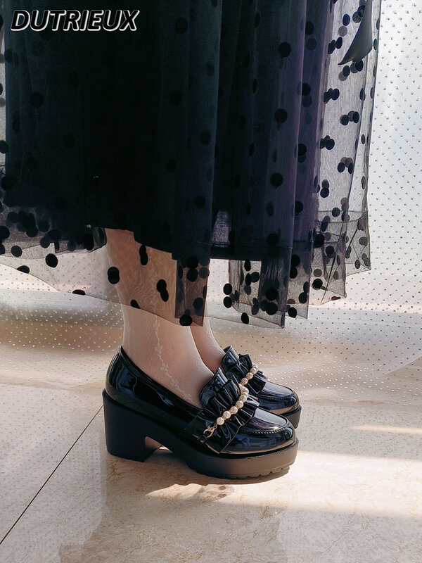 Stile giapponese Mine Sweet Pearl Lace mocassini in pelle verniciata estate donna JK Mary Jane Platform Shoes décolleté con tacco grosso