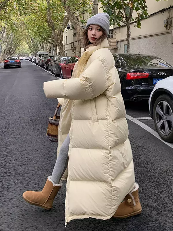 Jaket mantel panjang katun wanita, jaket mantel berbantalan kasual tebal hangat ritsleting musim dingin 2024