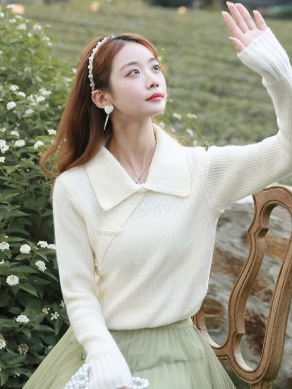 Vintage chinesische Knoten Knopf Perlen Pullover Frauen junge süße Mode lose Freizeit Strick oberteile Mädchen schicke All-Match-Pullover