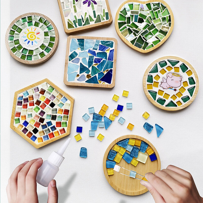 Handmade DIY Mosaic Cup Mat Bottom Bamboo Pad Heart Square Coaster Parent-Child Early Education Free Creation Handicraft Toys