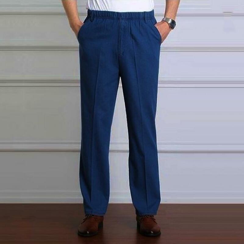 Men Solid Color Trousers Mid-aged Father's Slim Fit Elastic Waist Jeans with High Waist Pockets Soft Straight for Casual