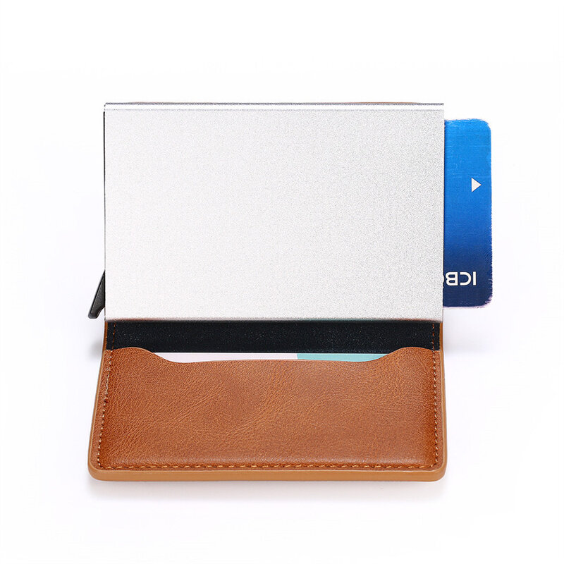 Titular do cartão de crédito em liga de alumínio para homens, slot multi-cartão, caixa de negócios automática, carteira de couro antimagnética