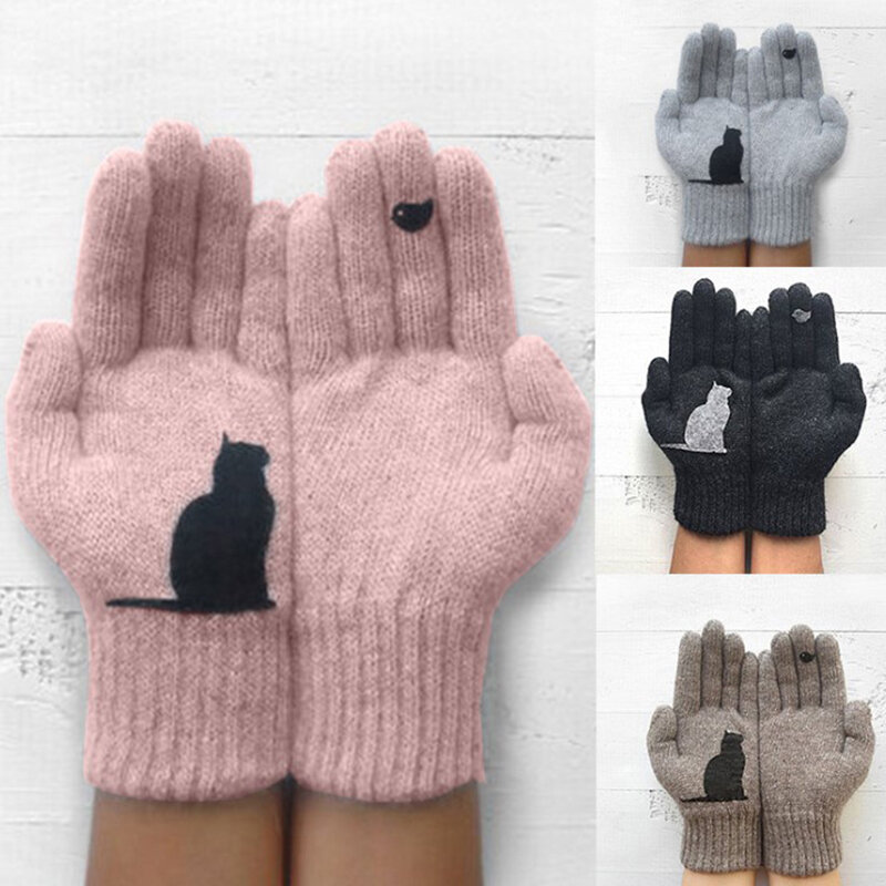 ถุงมือกันหนาวพิมพ์ลายแมวและนกน่ารัก, ถุงมือถักด้วยความร้อนสำหรับผู้ชายผู้หญิงวัยรุ่นถุงมือให้ความอบอุ่นในฤดูหนาว