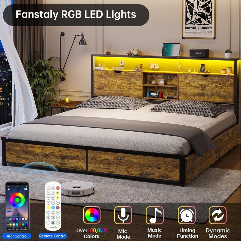 Marco de cama con almacenamiento y cabecero de luz LED, marco de cama con estación de carga, marco de cama con cabecero de estante, sin resorte de caja necesario