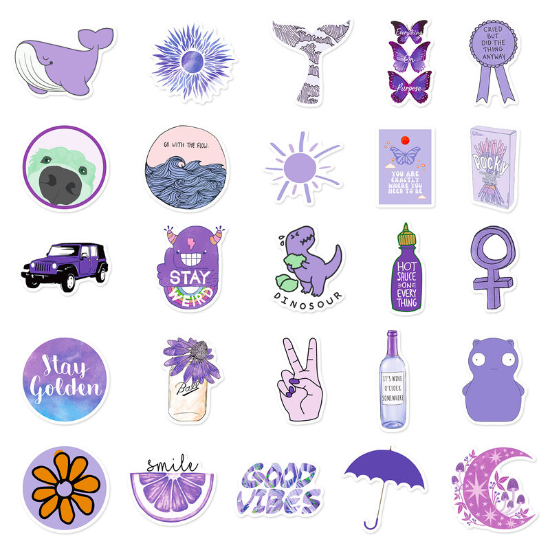 50 buah stiker grafiti seri dunia ungu kartun cocok untuk helm Laptop Dekorasi Desktop mainan stiker DIY