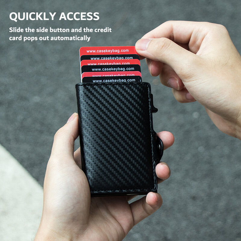 CASEKEY Carbon Fiber Protector Credit Card Holder Tarjetero Hombre RFID Leather Single Box Smart Wallet Slim Pop Up Card Case