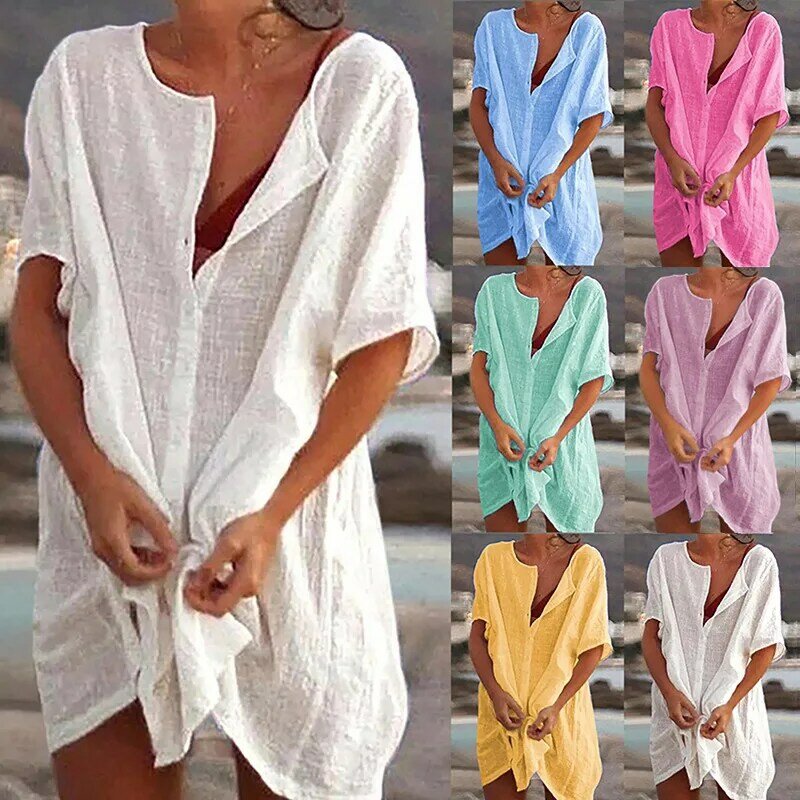 Camicia lunga in cotone da donna estate 2024 sciolto solido a maniche corte Top vacanza spiaggia protezione solare abbigliamento
