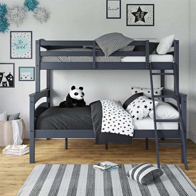 Tempat tidur tingkat เด็ก, เตียงไม้ทึบพร้อมบันไดและรางป้องกัน, เตียงคู่เต็ม, ฐานเตียงและกรอบ, tempat tidur tingkat เด็ก