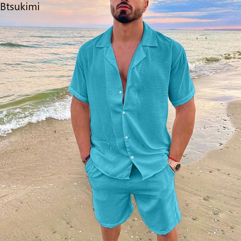Set pakaian Linen katun musim panas pria baru 2024 kemeja kerah lengan pendek Solid dan celana pendek set pakaian liburan pantai Hawai pria