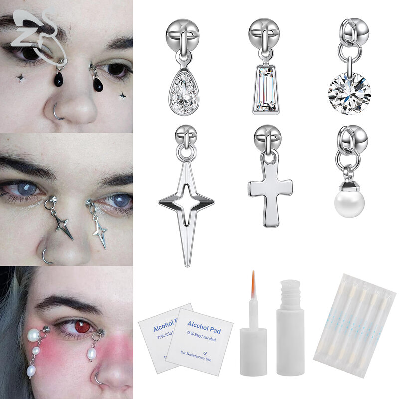 ZS 1 Set Fake Eyebrow Ring Nose Lip Labret Studs Faux Belly Rings Replacement Ball Cone Non-Piercing Face Body Piercing Jewelry