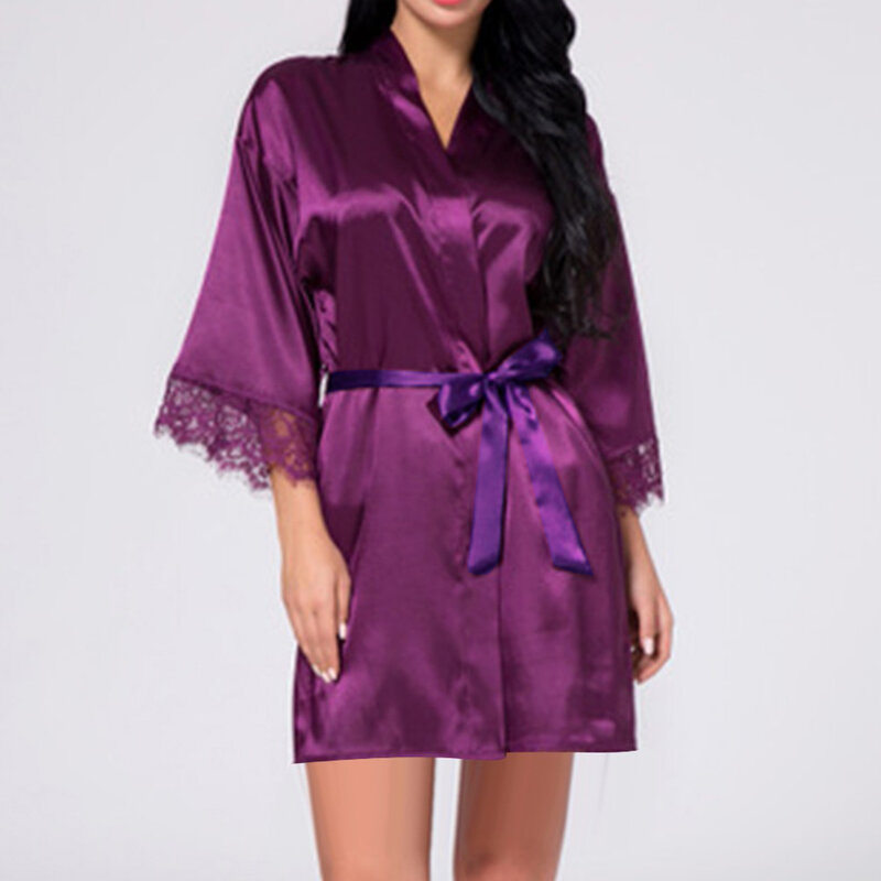 Женский сексуальный кружевной Шелковый Атласный Романтический халат с вышивкой Ночная сорочка для отдыха с полурукавом женская прозрачная французская ночная рубашка
