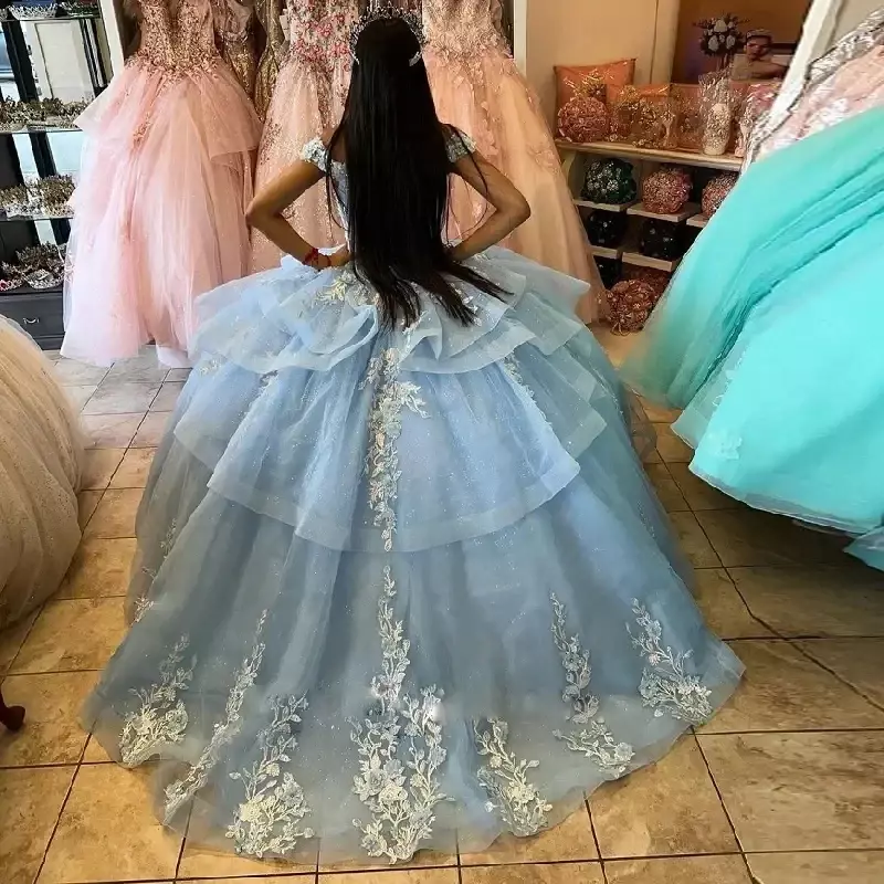 Hellblaue Glitzer Quince anera Kleider Ballkleid Vestidos de 15 Anos schulter freie Applikationen trainieren formale Prinzessin Party kleider