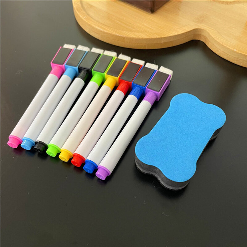 8PCS Erasable Magnetic Whiteboard Marker Pens with Whiteboard Eraser Dry-Erase Pen School Classroom White Board Accessories