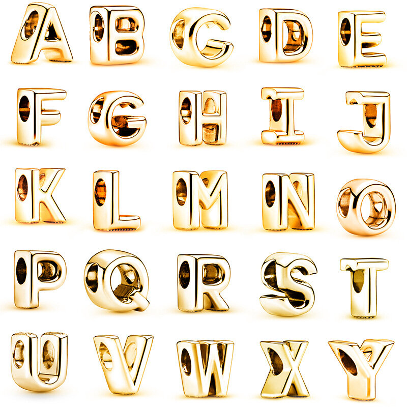 Neue goldfarbe 26 buchstaben alphabet A-Z charm perlen passen original pandora charms armband anhänger schlüssel bund frauen diy schmuck