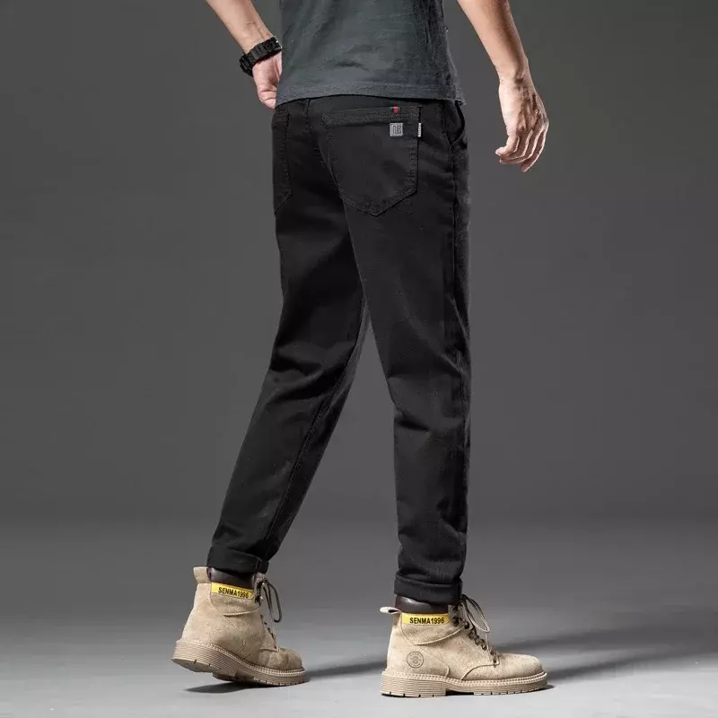 Calça casual slim fit masculina, jeans cônico incolor, jeans preto, coreana, nova, para outono e inverno