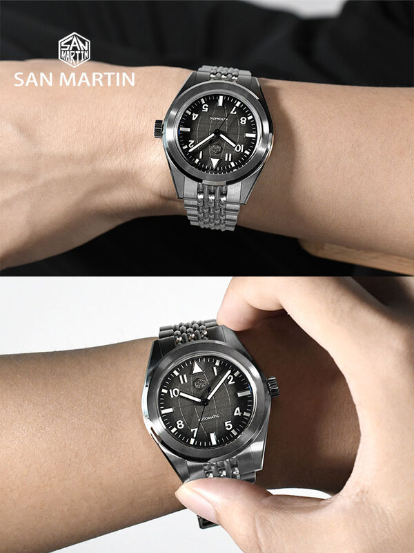 San Martin nowe 39.5mm oryginalne modne sportowy zegarek męski automatyczne mechaniczne wzór siatki tarcze Fly regulowane zapięcie 10ATM
