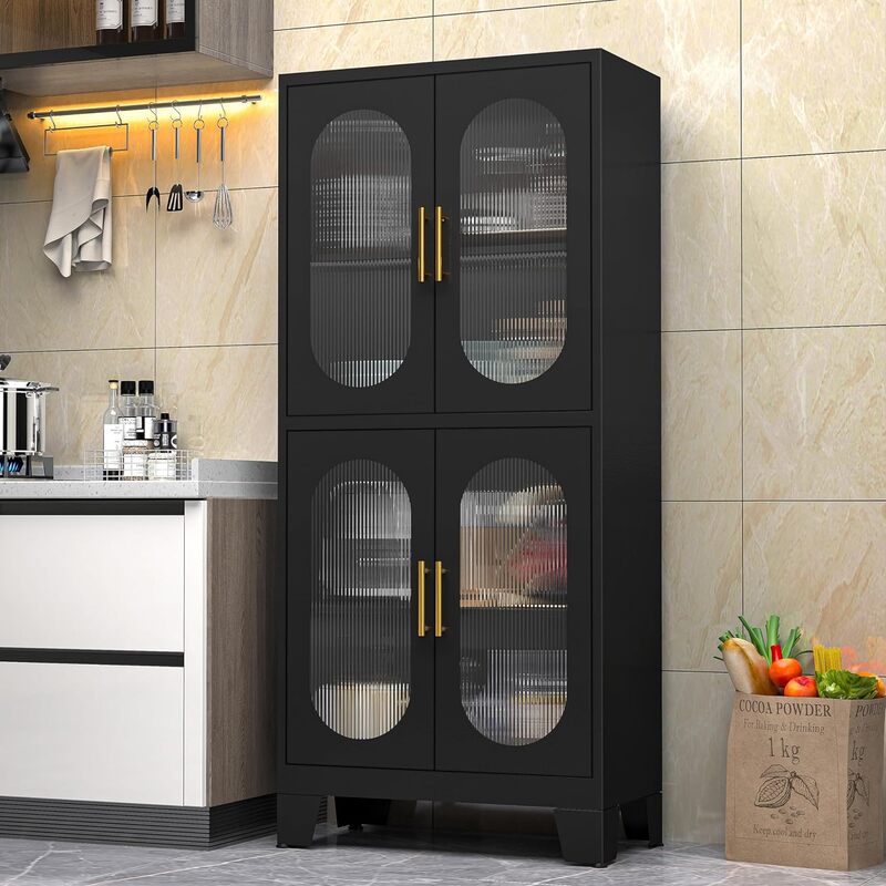 61" Metal Pantry Cabinet,Storage Cabinets with Acrylic Glass Doors and Adjustable Shelves,for Bathroom, Laundry Living,Office