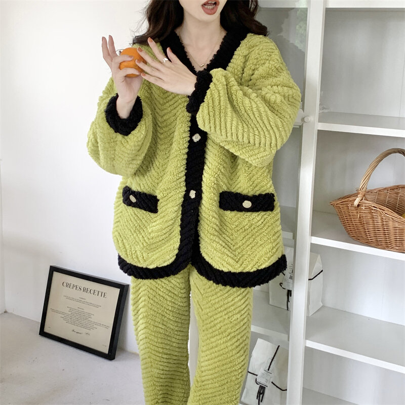 Zimowy pluszowy damski kardigan z dekoltem w szpic żakardowy flanelowy ciepły i słodki odzież domowa zagęszczony ciepły materiał aksamitny komplet
