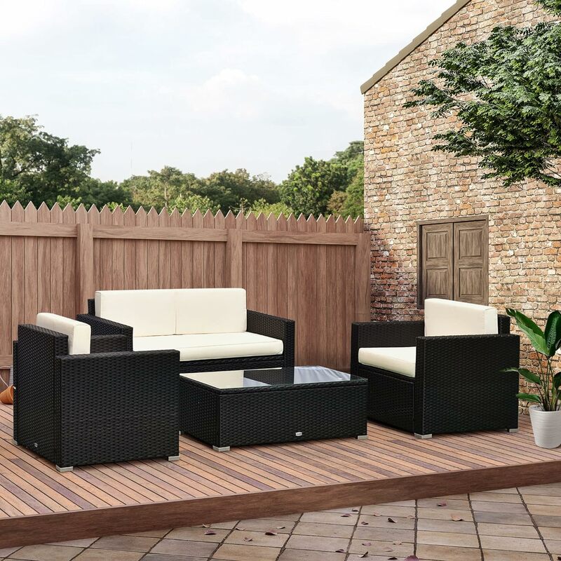 4 Piece Wicker Patio Furniture Set with Cushions, Outdoor Sectional Furniture with 2 Sofa, Loveseat, and Glass Top Coffee Table