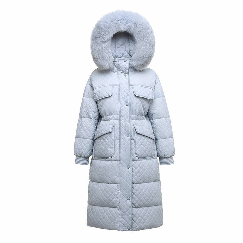 Women's Winter White Duck Down Collar Diamond Down Jacket Korean Solid Color Long Coats and Jackets Women Fox Fur Coat Parkas