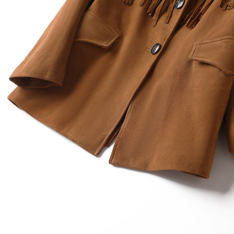Куртка женская кожаная замшевая с бахромой, модный пиджак свободного покроя из овечьей кожи, весна-осень