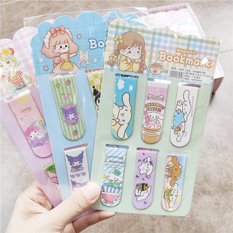Desenhos animados magnéticos Bookmarks, Anime My Melody, Kuromi, Dupla Face, Dobre Metal Papelaria Presente para Estudante, Sanrio Cinnamoroll, Pacote de 6