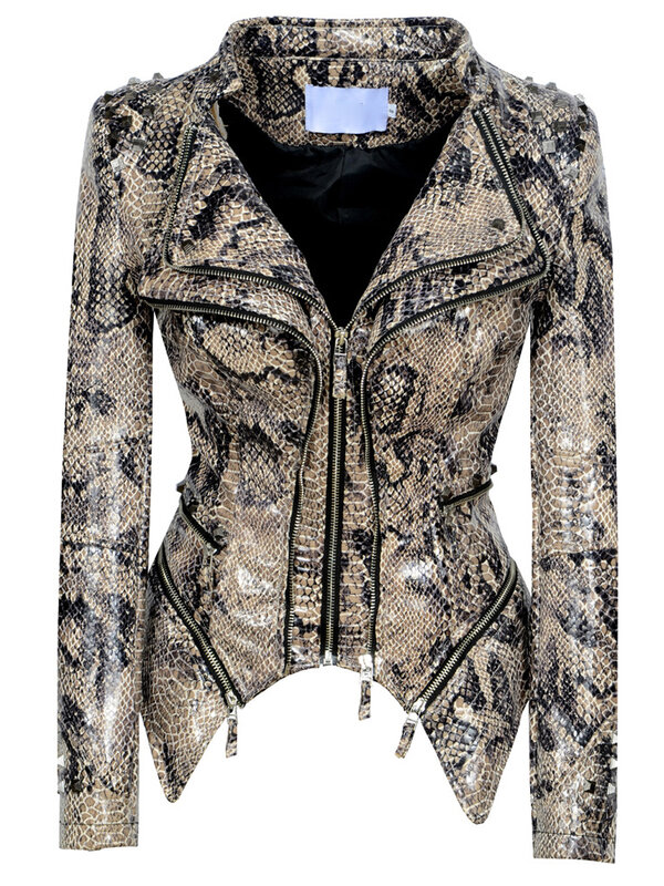 여성용 스네이크 프린트 인조 가죽 PU 재킷, 레드 코트, 2023 가을 겨울 오토바이 재킷, 레이디 바이커 아우터