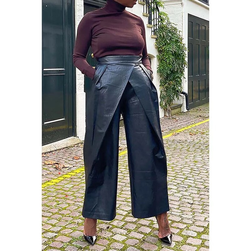 Plus Size Daily Pants Casual Black Long Fall Winter PU Leather Pants With Pocket