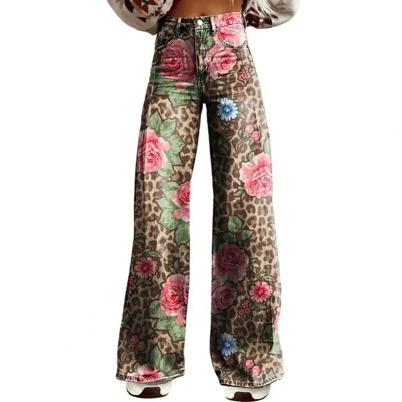 Calça casual retrô solta feminina, meio-rise, botão, zíper, voar, perna larga, bolsos longos, estampa floral digital, verão