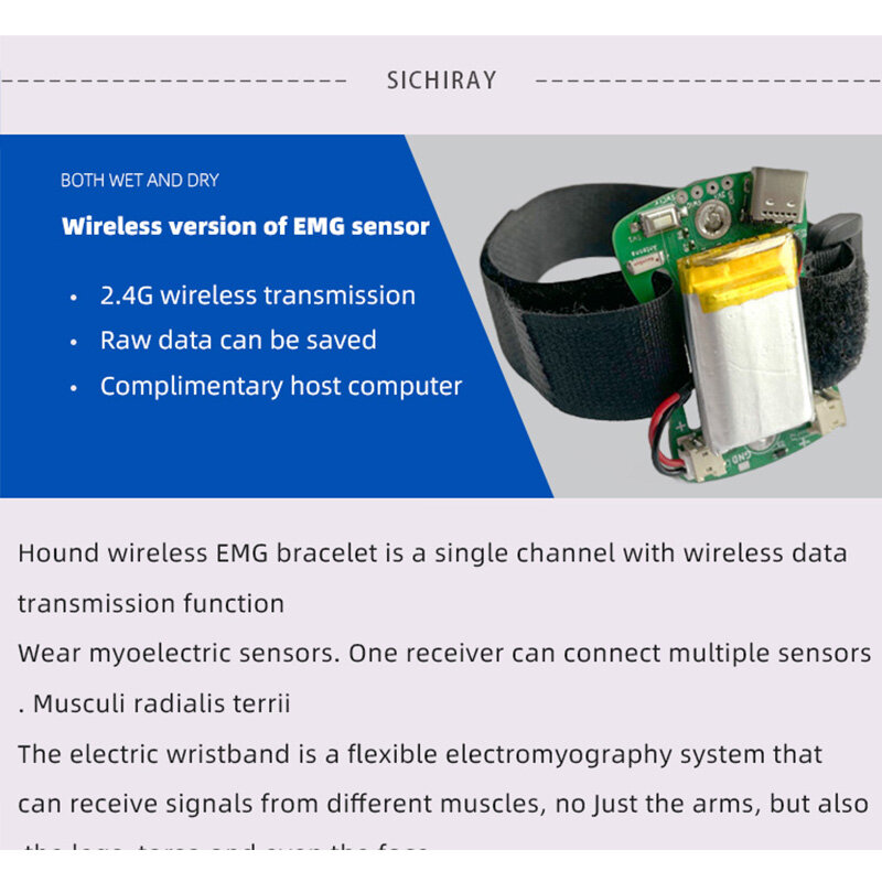 Sensor elétrico do músculo monocondutor, giroscópio do acelerador do laço do braço do emg, bracelete, aquisição do sinal, open source