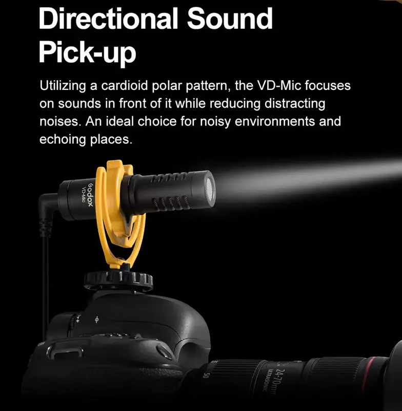 Godox VD-Mic Microfone Shotgun Microfone, Gravação de Vídeo, 3.5mm Cabo TRS para iPhone, Smartphone Android, Câmera DSLR