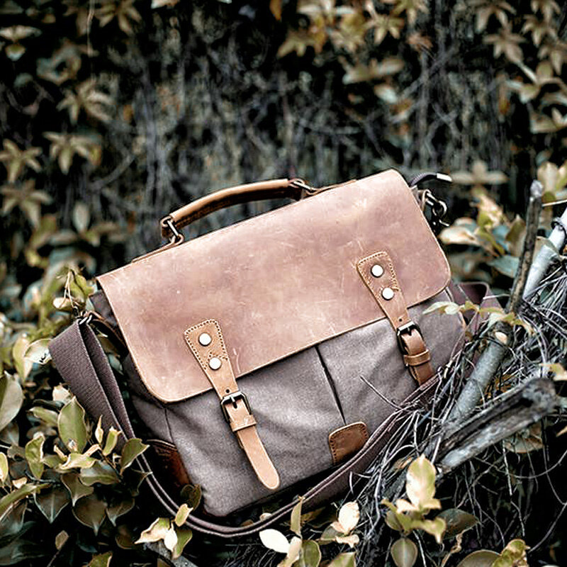 MUCHUAN Men's Messenger Bags Canvas Shoulder Handbag Crazy Horse Leather Briefcase Retro Office Handmade Male
