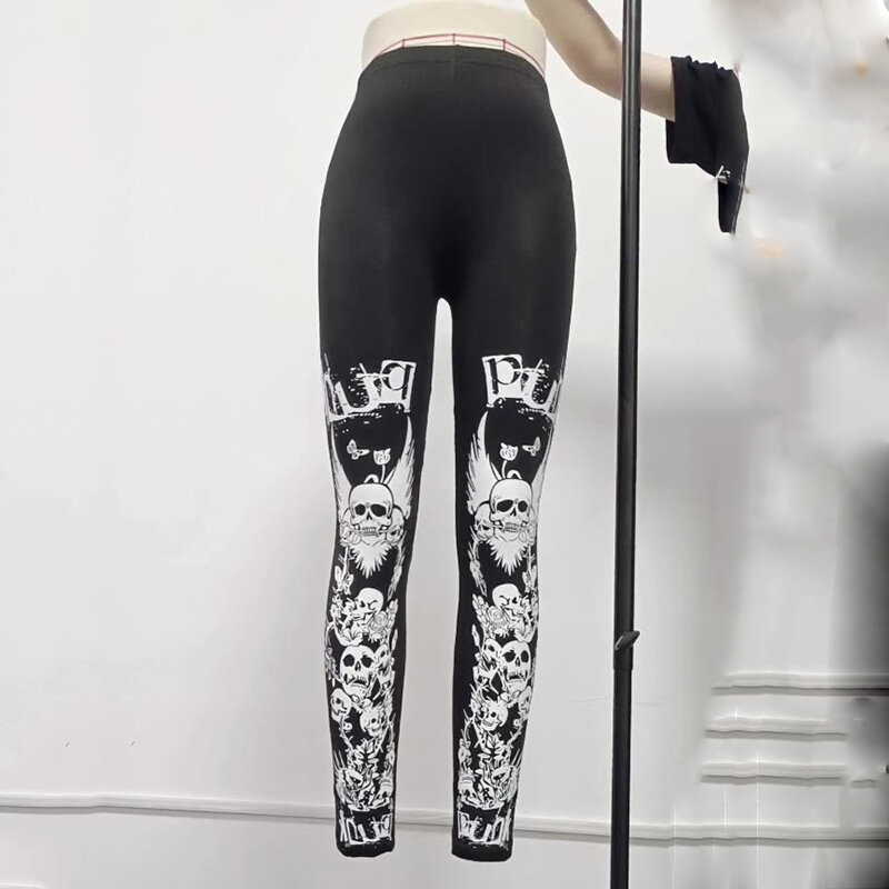 Leggings décontractés à imprimé crânes d'Halloween pour femmes, pantalons noirs de sport de fitness, taille élastique, leggings gothiques minces, grande taille