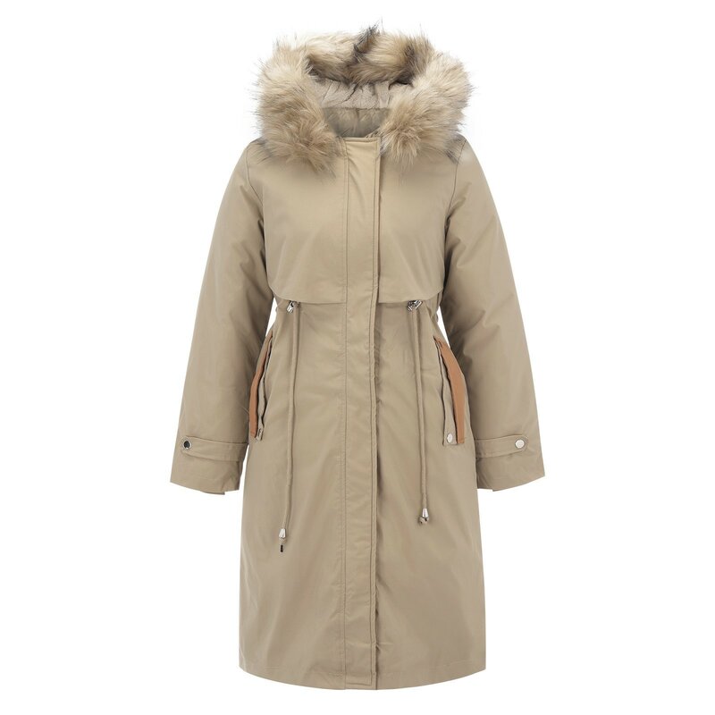 Тонкая теплая Женская парка, зимняя одежда, куртки, модное меховое пальто с капюшоном и подкладкой, верхняя одежда, Свободная Повседневная Длинная одежда с поясом