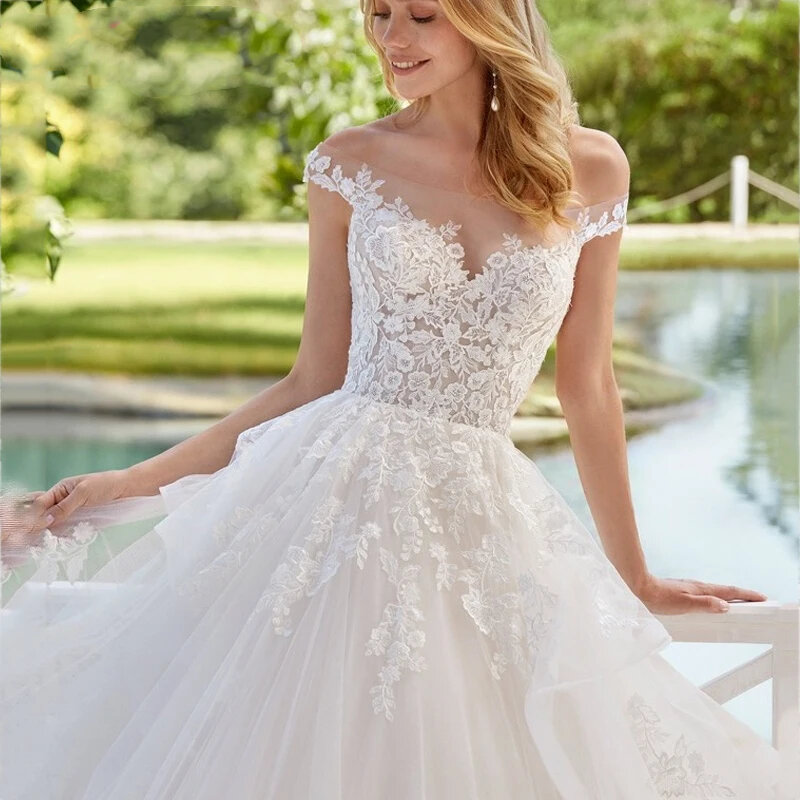 Gaun pernikahan kustom pengantin applique renda punggung lengan klasik tulle A-line elegan dan minimalis