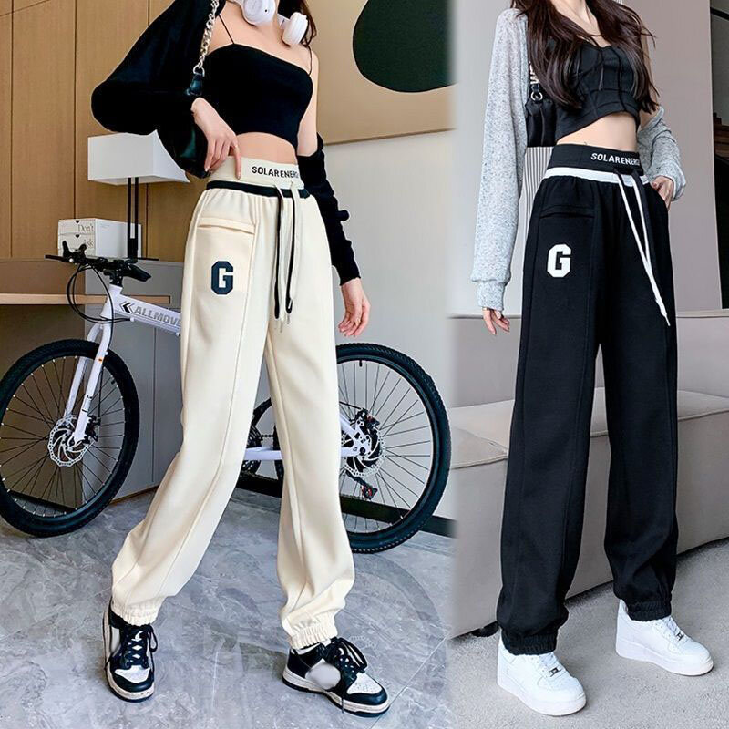 Women's Clothes Black Casual Pants 2024 New Spring Autumn High Waist Loose Slim Fashion Sweatpants Leisure Trousers Drawstring