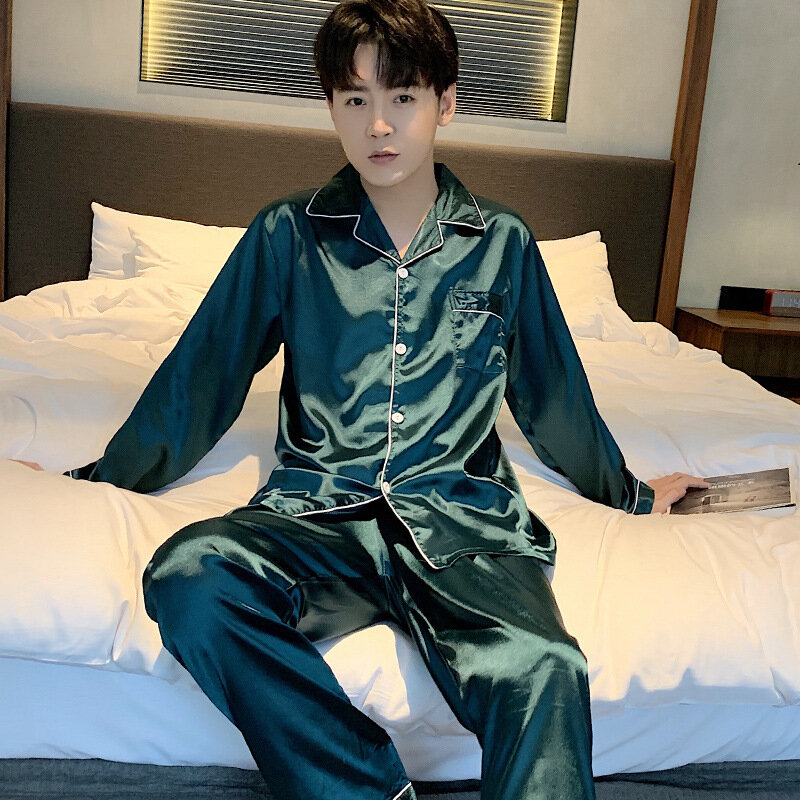 Conjunto de pijama de seda de hielo para hombre, ropa de dormir de manga larga, conjuntos de ropa de casa de marca de lujo, moda coreana, primavera y otoño