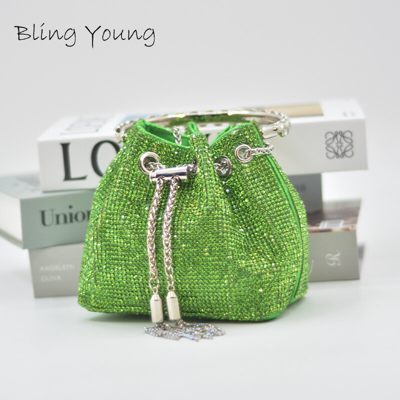 Green Diamonds Tassel Evening Clutch Busket Bag Women Famous Brand Luxury Chain Metal Ring Handle Crystal Bucket Purse